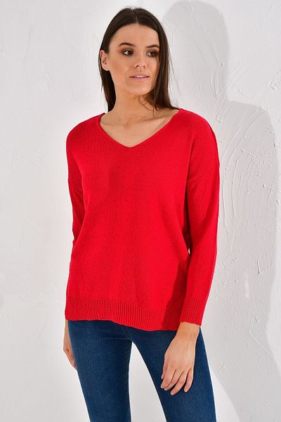 Cotton Mood 20026179 Knitwear V-Neck Side Slit Sweater Red