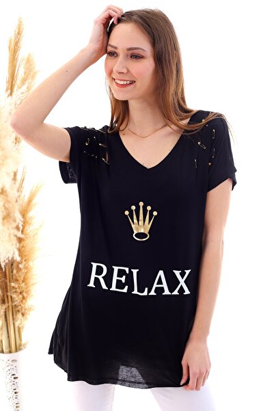 Cotton Mood 20050509 Single Jersey Relax Printed Tunic with Hook and Eye Closure on the Shoulders Black