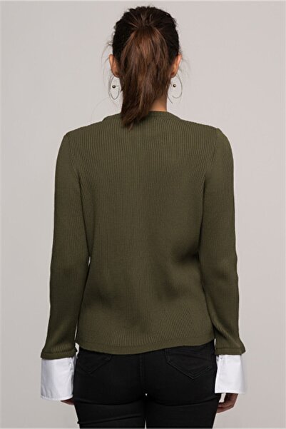 Cotton Mood 7376003 Slim Ribbed Camisole Long Sleeve Blouse with Cuff Trim Khaki