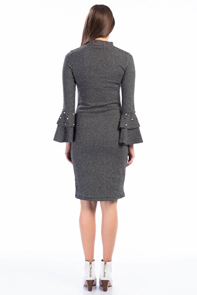 Cotton Mood 8461013 Herringbone Windowed Sleeve Flounce Pearl Dress Kazayagi