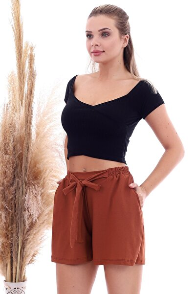Cotton Mood 20064507 Knitted Crepe Pocketed Tie-Up Elastic Waist Shorts Cinnamon