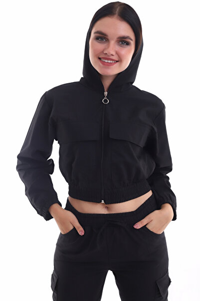 Cotton Mood 213232362 معطف قصير بغطاء للرأس وجيوب داكن اللون