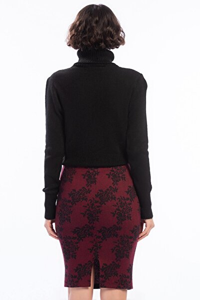 Cotton Mood 8474752 Herringbone Floral Patterned Elastic Waist Pencil Skirt Bordo