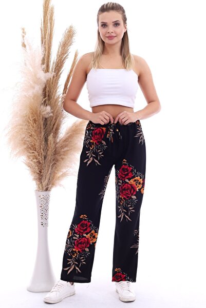 Cotton Mood 20070786 بنطلون واسع الساقين من الكريب المحبوك مع خصر مطاطي أسود ...