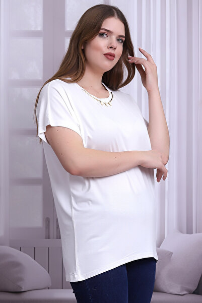 Cotton Mood B21399901 Plus Size Viscose Collar Stone Accessory Short Sleeve Blouse Ecru