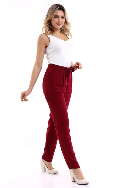 Cotton Mood 8083177 Belmando Viscose Belted Elasticated Trousers with Pockets Bordo