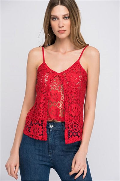 Cotton Mood 8114299 Laced Front Piece Double Layer Strap Blouse Red