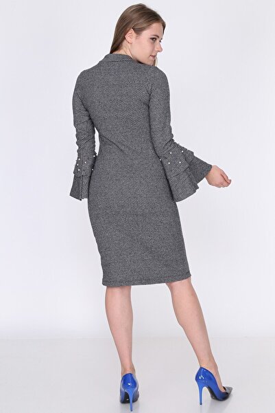 Cotton Mood 9361013 Jacquard Windowed Sleeve Flounce Pearl Dress Gray-Black Jacquard