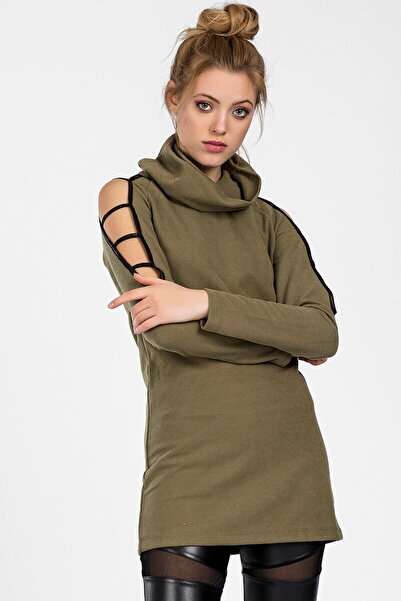 Cotton Mood 9041421 Thessaloniki Sleeve Leather Trim Paneled Dagaje Tunic Khaki