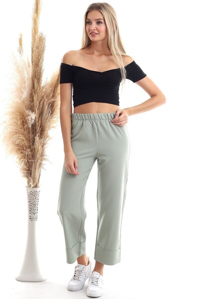 Cotton Mood 20343275 Azra Elastic Waist Double Leg Trousers Cagla Green