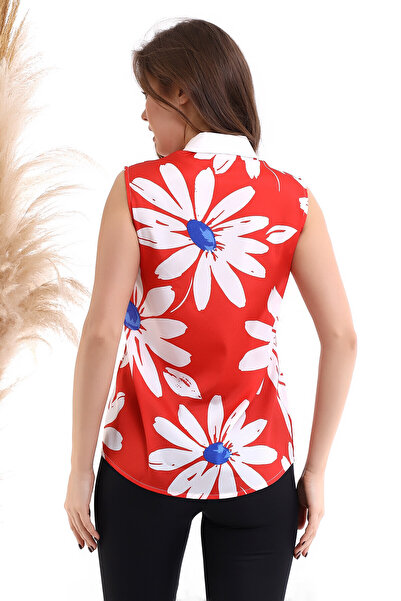 Cotton Mood 22484863 Crepe Floral Patterned Sleeveless Shirt Coral Ecru