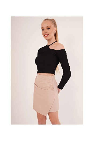 Cotton Mood 23254279 Camisole One Shoulder Neckline Drawstring Crop Blouse Black