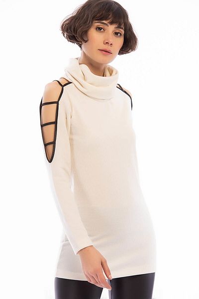 Cotton Mood 8501421 Thessaloniki Leather Piping Garnished Dagaje Tunic Ecru