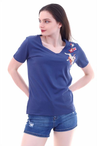 Denismoda Ds 7130562   Stork Embroidered V-Neck Boyfriend Short Sleeve Blouse Indigo
