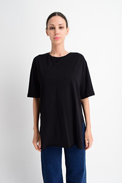 Cotton Mood 20021519 تي شيرت قطني بأكمام مزدوجة باللون الأسود