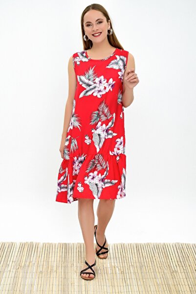 Cotton Mood 9323232 Dok.Viskon Patterned Skirt Ruffle Sleeveless Dress Red Flowered