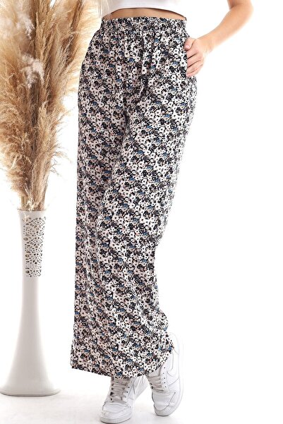 Cotton Mood 20343432 Dok.Viskon Floral Patterned Loose Leg Trousers with Pockets Ecru Flower Pattern