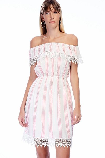 Cotton Mood 82909462 Şile Cloth Stripe Patterned Madonna Collar Laced Dress Ecru Pink