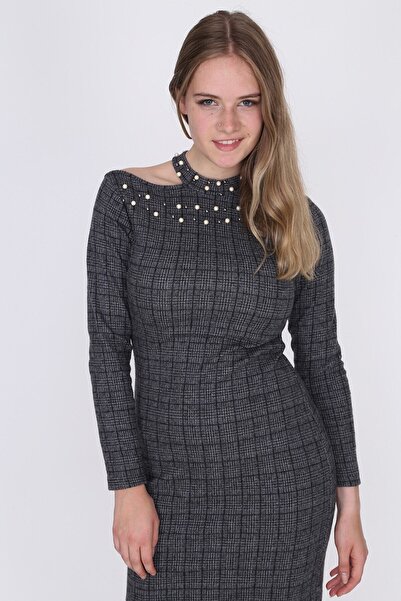 Cotton Mood 9361019 Jacquard Fabric One Shoulder Open Pearl Dress Plaid Fume-Black