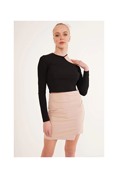 Cotton Mood 23254279 Camisole One Shoulder Neckline Drawstring Crop Blouse Black