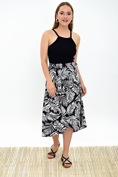 Cotton Mood 9313124 Dok. Viscose Patterned Tie-Waist Wrap Skirt Black-Cream