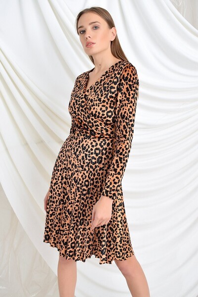 Cotton Mood 9391731 Velvet Des. Double-Breasted Yak Skirt with Pleated Hem. Sleeve Dress Leopard
