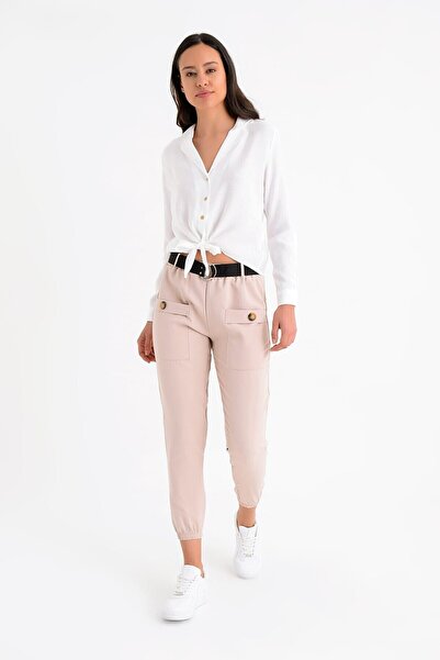 Cotton Mood 9152981 Buckle Leg Rubber Front Pocket Trousers Beige