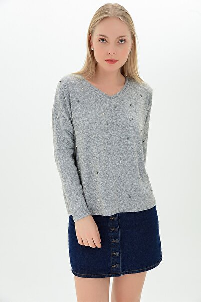 Cotton Mood 9100930 Yumoş V-Neck Front Pearl Blouse Gray