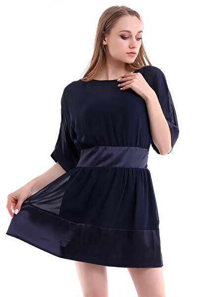 Cotton Mood 20050519 Chiffon Satin Paneled Batwing Sleeve Dress Navy Blue