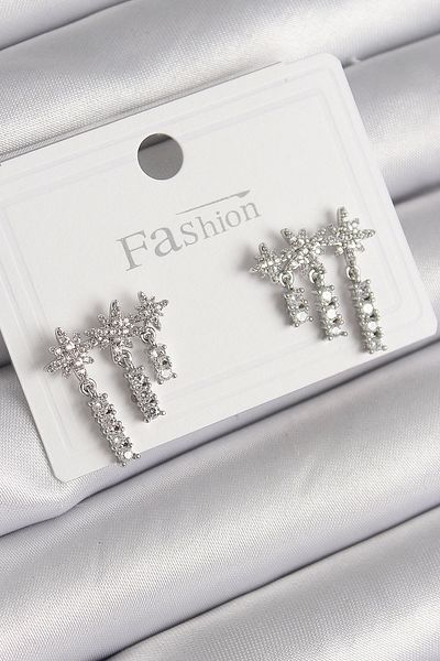 Clariss Brass Silver Color Zircon Stone 3-Piece Dangle Star Model Women's Earrings