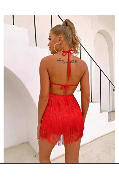 hipnoz butik Women's Fringe Detailed Low-Cut Back Shorts Jumpsuit