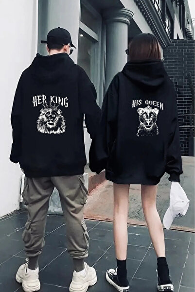 Wish BF Her King His Queen Sevgili Çift Kombin - Siyah Baskılı Oversize Kapüş...
