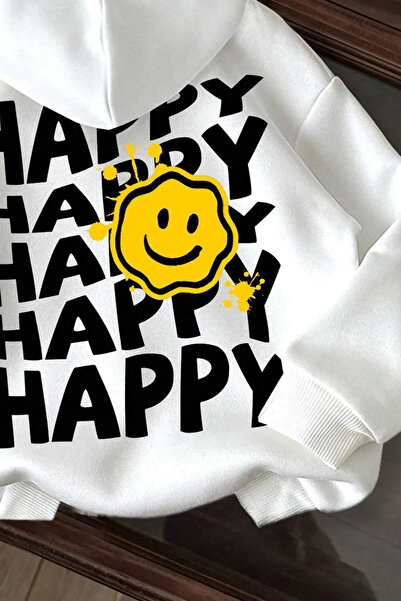 Wish BF happy arka baskılı beyaz oversize kapşonlu sweatshirt hoodie