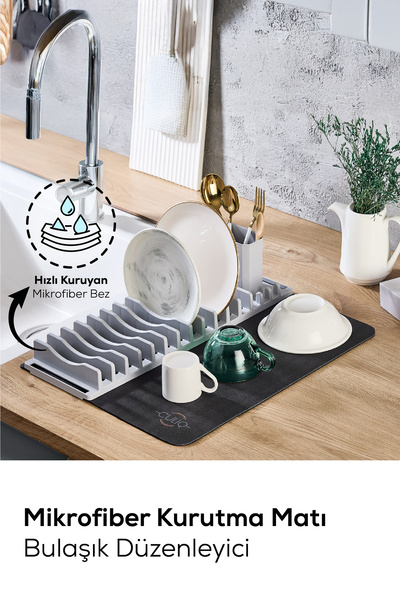 Vienev 2'li Pratik Bulaşık Kurutma Matı ve Düzenleyici Set Gri