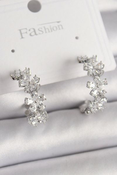 Clariss Brass Silver Color Zircon Stone Flower Embroidered Women's Earrings