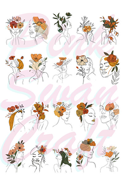 Pink Swan Craft Γυναικεία πορτρέτα με vintage floral μοτίβο - Σετ ετικετών, B...