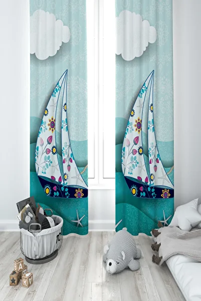 MASAL ODAM BABY AND KIDS ROOM Lighthouse and Sail Patterned 2 Wing Background Curtain