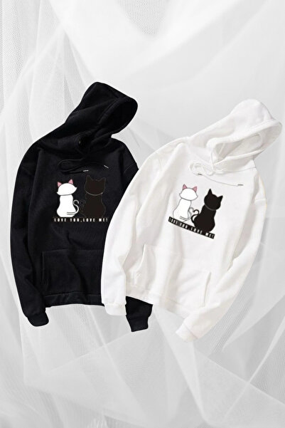 Wish BF Femei Bărbați Negru și Alb pisică cu imprimeu cu glugă Hanorac Combin...