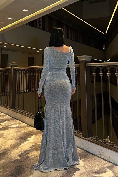 Mossta Gray Asymmetrical Neckline and Stone Detail Flowers Slit Evening Dress