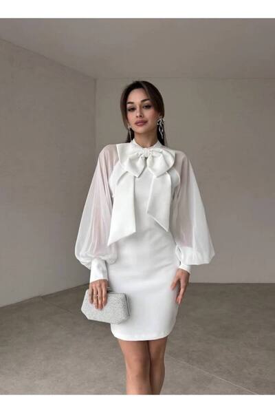 BEAUTY FASHİON Kadın Abiye Büyük Fiyonk Detay Balon Tül Kol Bisiklet Yaka Midi Elbise - Abiye & Mezunyet Elbisesi