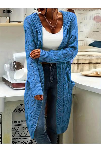 Kokosh moda Cardigan lung tricotat cu glugă pentru femei, cu buzunare