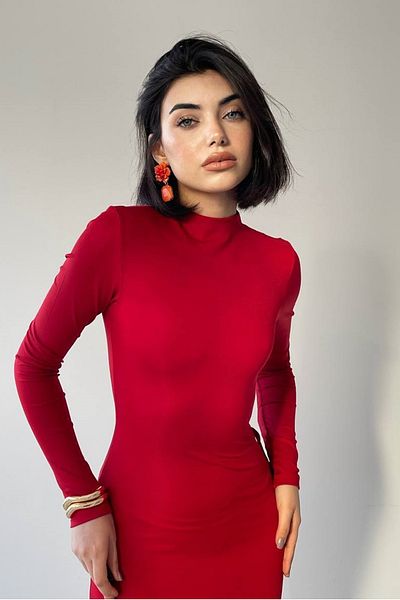 barış sülün lovebox Midi Red Dress with Stretchy Sandy Fabric - Back Cutout and Slit Detail 327