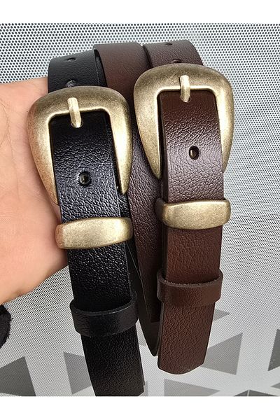 Kemerix 100% Genuine Leather Antique Finish Buckle Black-Bitter Brown 2-Piece Belt Set