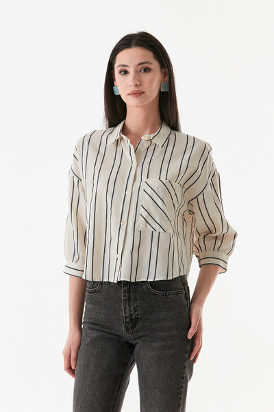 Fulla Moda Çizgili Arkası Uzun Keten Gömlek