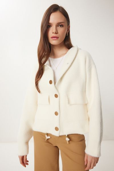 Lovelyİstanbul Hooded Soft Textured Knitted Jacket Bone Lpf0097