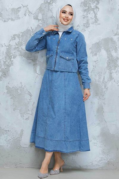 Neva Style Set de blugi cu fustă hijab albastră și jachetă - 44641M