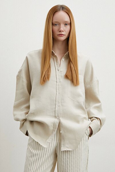 Never more Stone-Colored Linen Shirt - Robe and Pocket