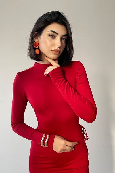 WOMAN VISION Red Sandy Midi Evening Dress with Low Back Cutout and Slit, Lacing Detail 327