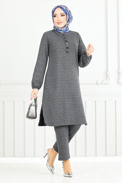 ModaMerve Anthracite Hijab Set - with Button, 22035Ukb929-M