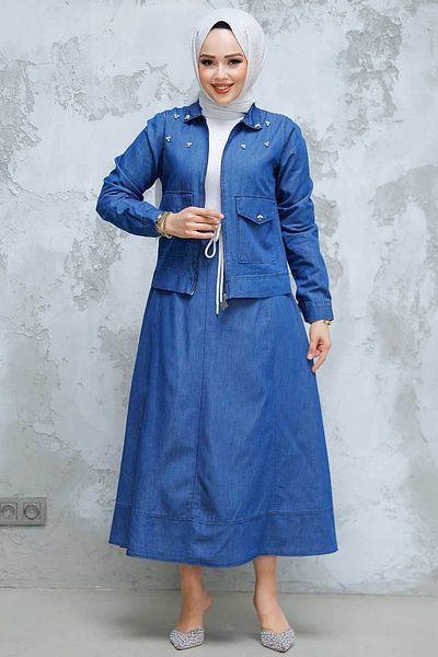 Neva Style طقم جينز مع تنورة حجاب باللون الأزرق الداكن - 44641L